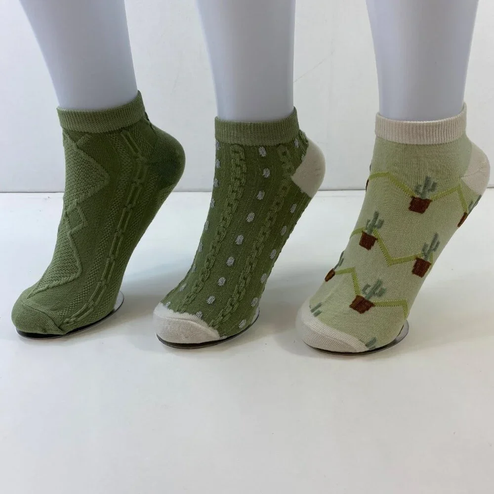 Womens 3-Pack Ankle Socks Cactus Polka Dots Cable Knit Diamond Pattern Green